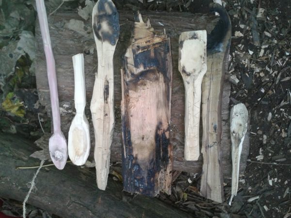 Equally as important as having the right tools is knowing how to make and maintain them. These fire hollowed spoons and bowls are examples of crudely made and yet effective bushcraft tools.