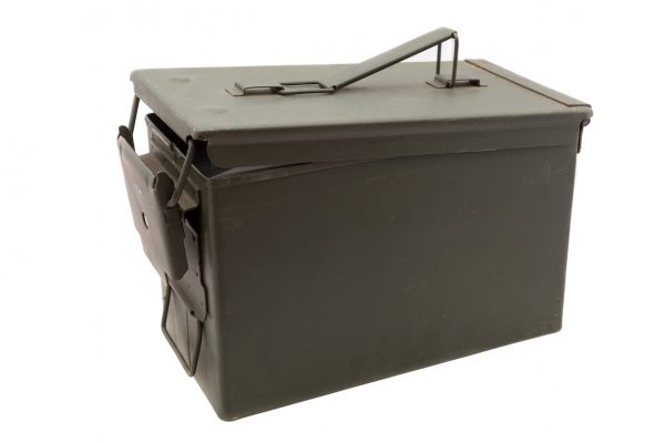 A green metal ammo box like this is a great choice for a survival cache container because it can hold a lot of items and resist moisture and other elements when buried