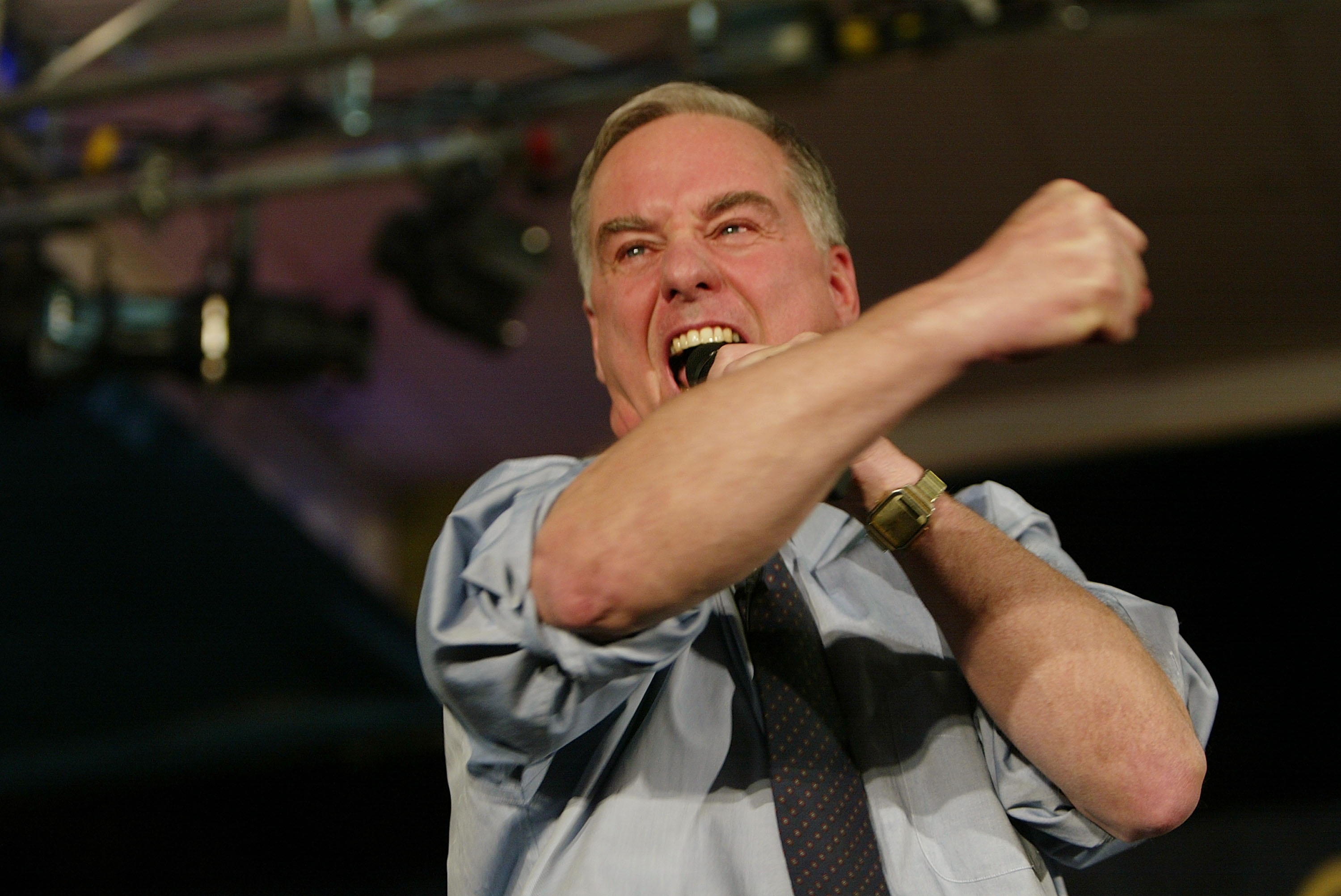 WEST DES MOINES, IA - JANUARY 19:  Democratic presidential candidate former Vermont Governor Howard Dean addresses supporters at his caucus night party January 19, 2004 in West Des Moines, Iowa. Dean finished third in the Iowa caucus behind U.S. Sen. John Kerry (D-MA) and U.S. Sen. John Edwards (D-NC).  (Photo by Joe Raedle/Getty Images)