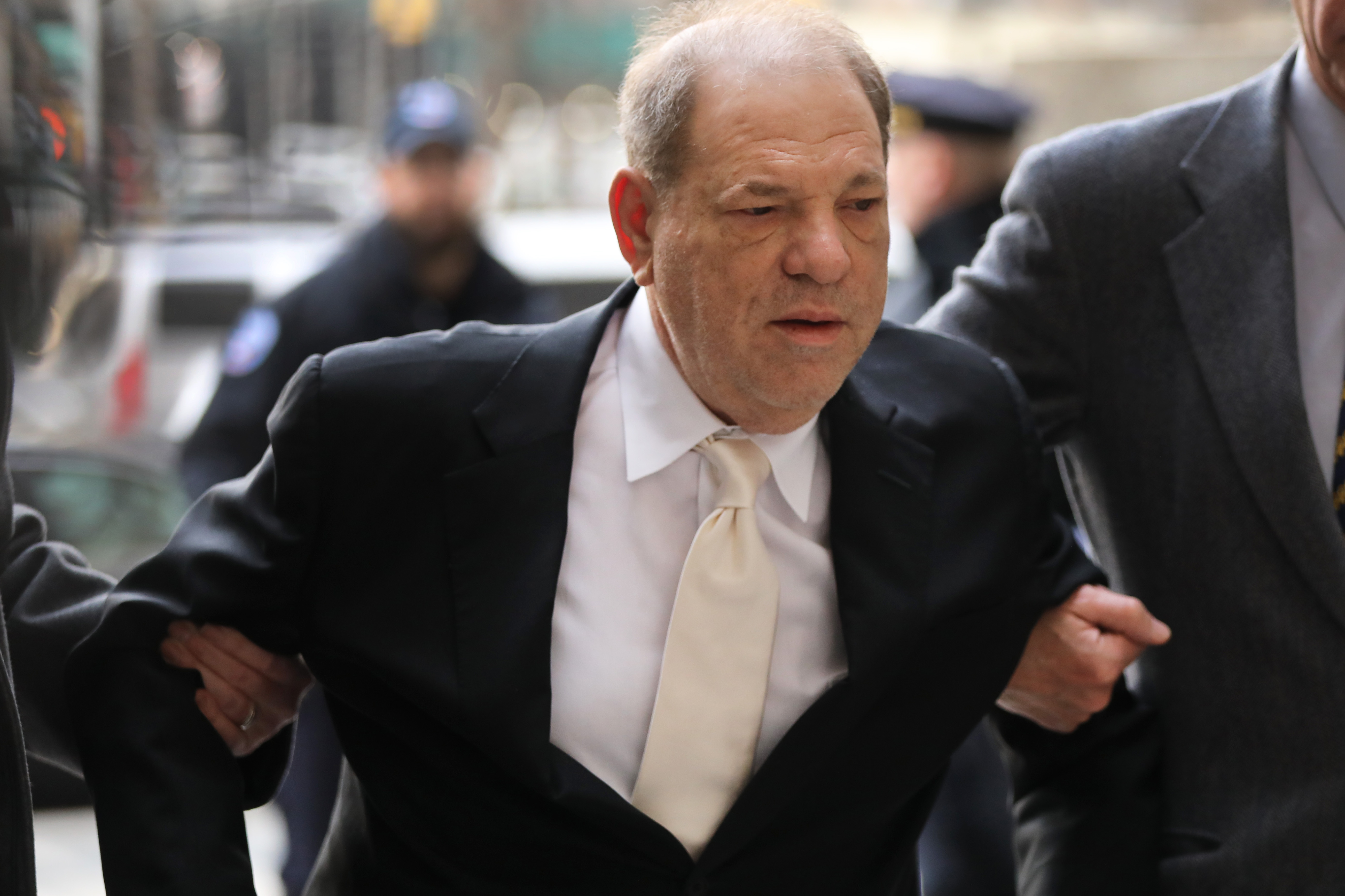 NEW YORK, NEW YORK - JANUARY 23: Harvey Weinstein arrives at a Manhattan court house for the second day of his trial on January 23, 2020 in New York City. Weinstein, a movie producer whose alleged sexual misconduct helped spark the #MeToo movement, pleaded not-guilty on five counts of rape and sexual assault against two unnamed women and faces a possible life sentence in prison. (Photo by Spencer Platt/Getty Images)