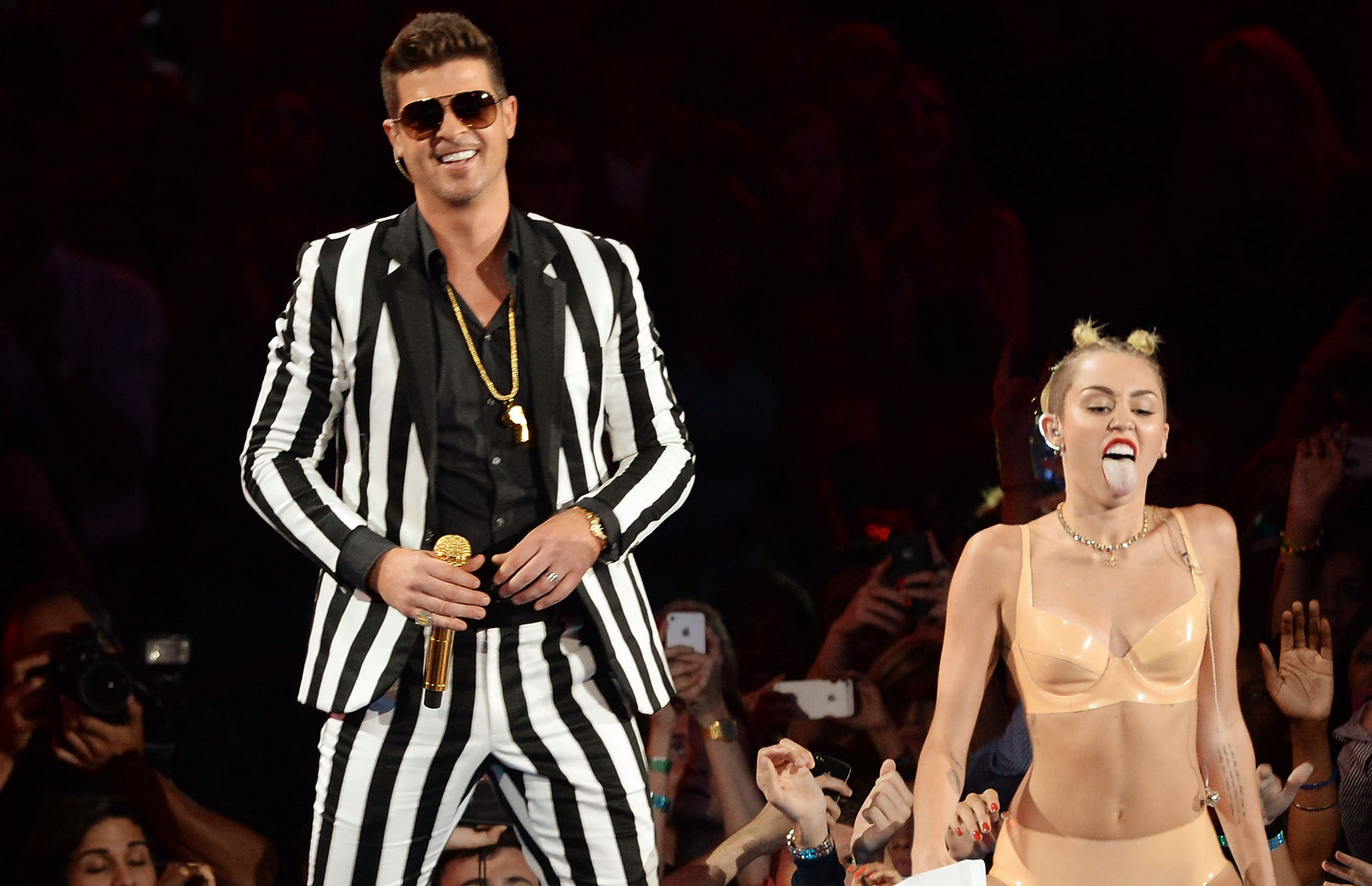 NEW YORK, NY - AUGUST 25:  Robin Thicke and Miley Cyrus perform during the 2013 MTV Video Music Awards at the Barclays Center on August 25, 2013 in the Brooklyn borough of New York City.  (Photo by Theo Wargo/WireImage)
