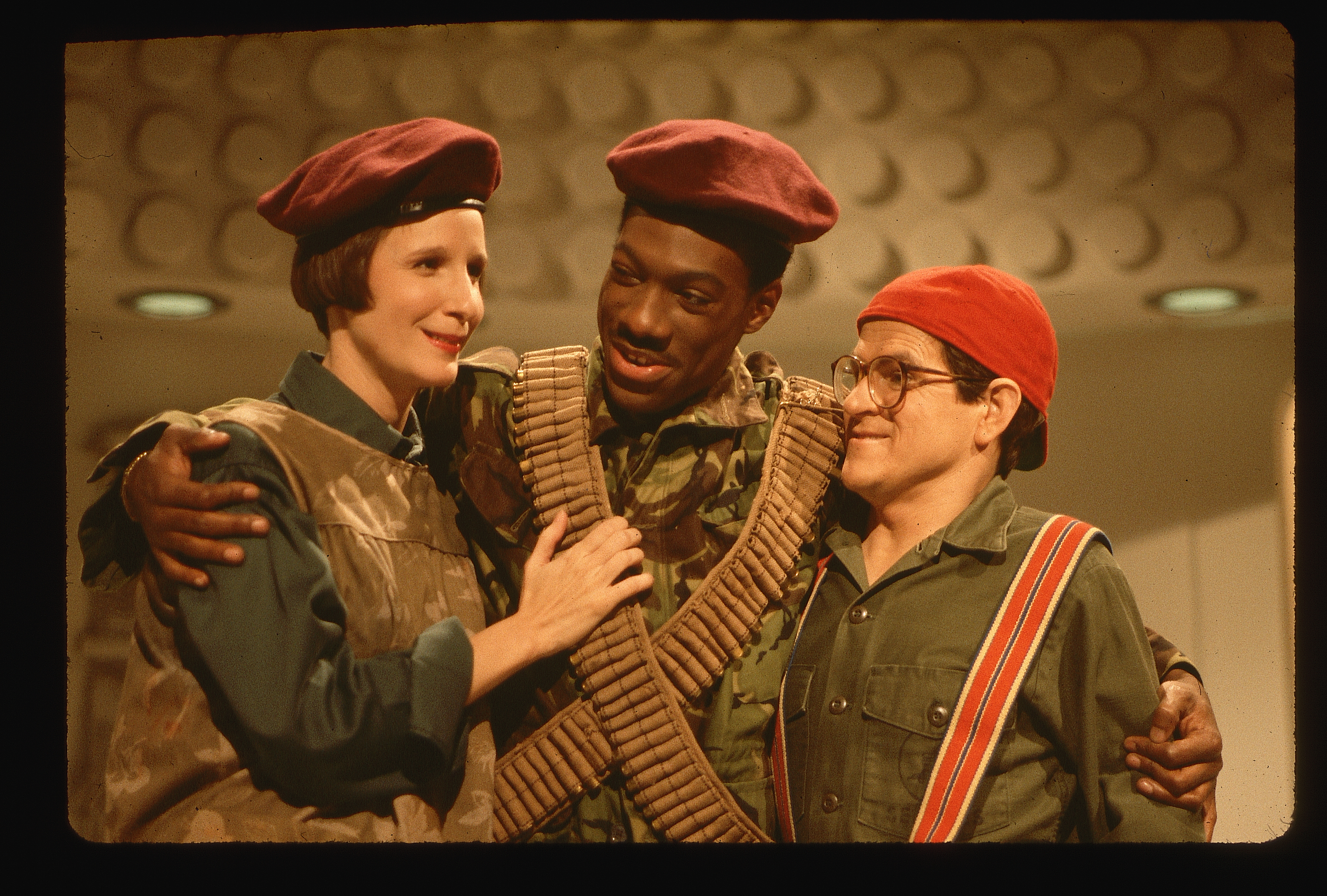Comedians Mary Gross, Eddie Murphy, and Tim Kazurinsky perform in a Saturday Night Live skit.   (Photo by Lynn Goldsmith/Corbis/VCG via Getty Images)