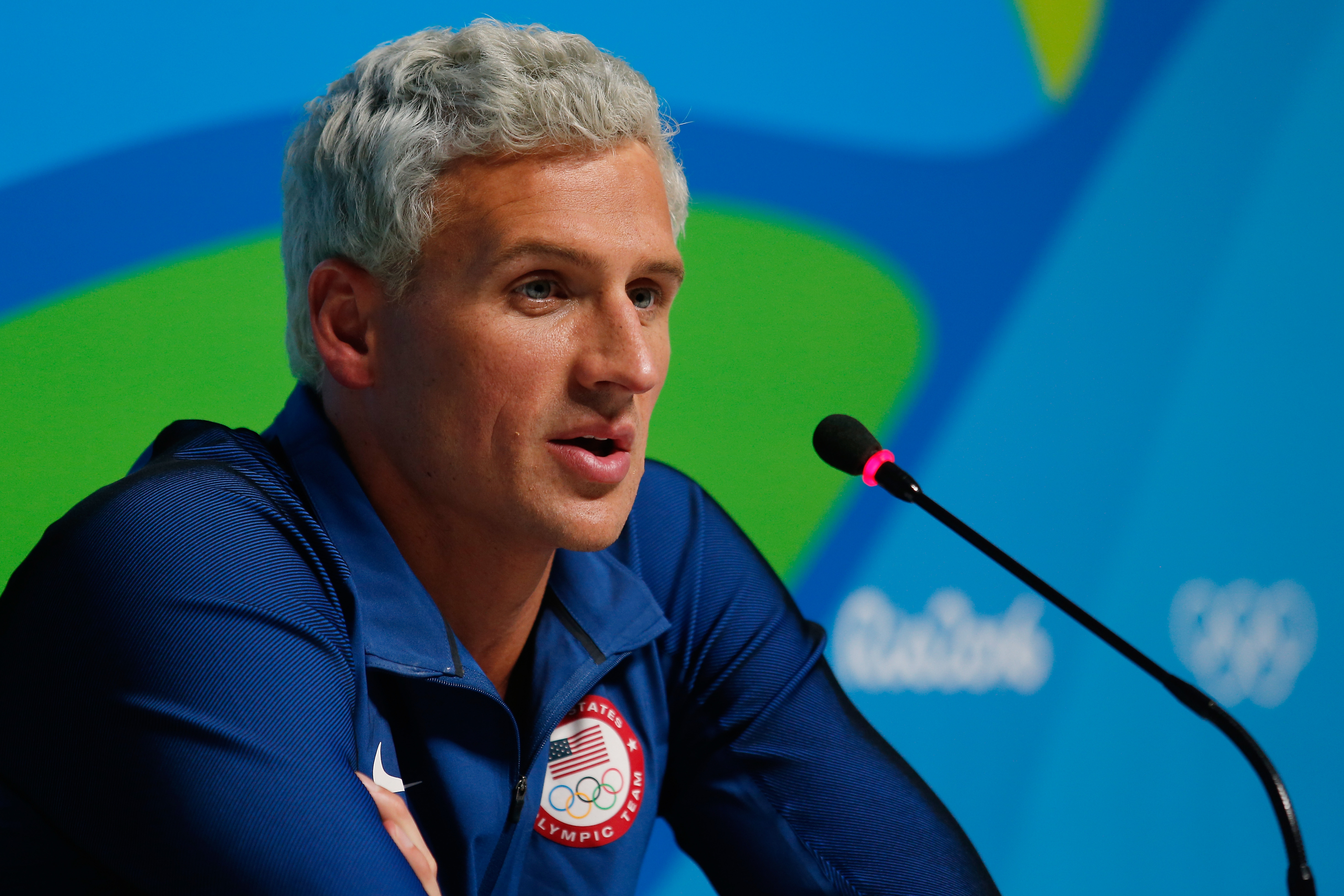 RIO DE JANEIRO, BRAZIL - AUGUST 12:  Ryan Lochte of the United States attends a press conference in the Main Press Center on Day 7 of the Rio Olympics on August 12, 2016 in Rio de Janeiro, Brazil.  (Photo by Matt Hazlett/Getty Images)