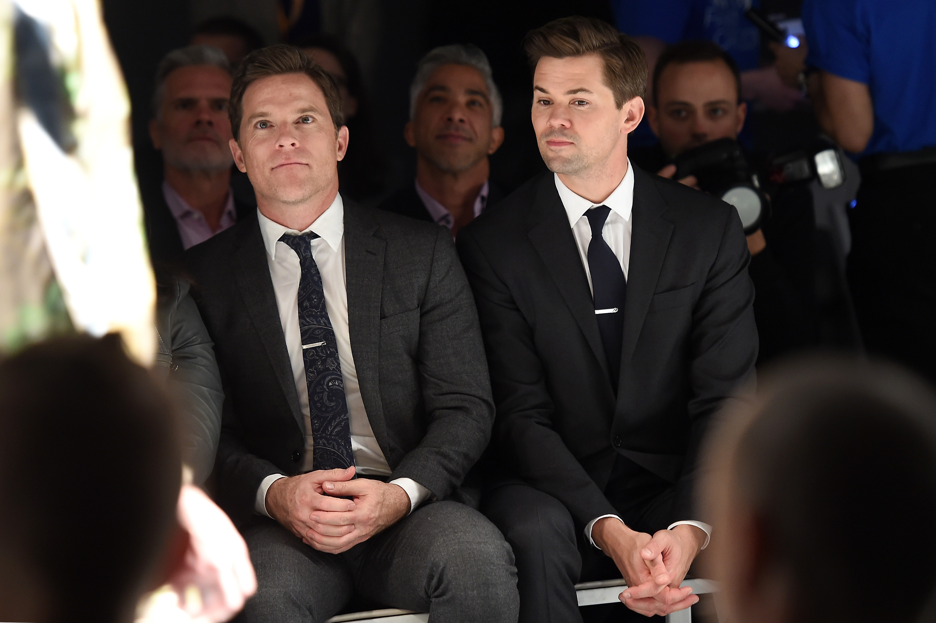 NEW YORK, NEW YORK - APRIL 04:  Actors Mike Doyle (L) and Andrew Rannells attend the Jeffrey Fashion Cares 13th Annual Fashion Fundraiser at the Intrepid Sea-Air-Space Museum on April 4, 2016 in New York City.  (Photo by Nicholas Hunt/Getty Images)