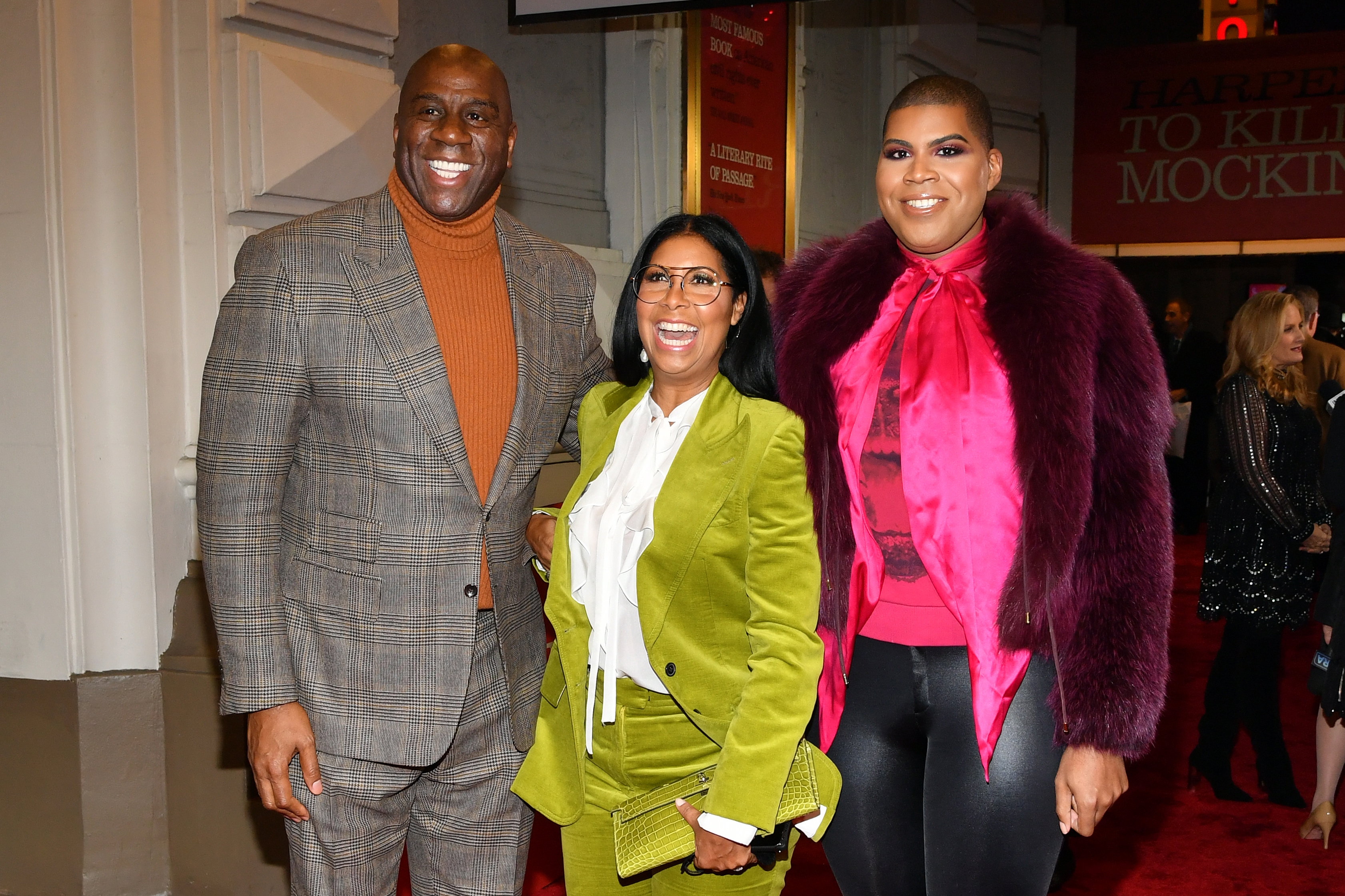 NEW YORK, NEW YORK - DECEMBER 13: (L-R) Magic Johnson, Cookie Johnson, and EJ Johnson attend opening night of 