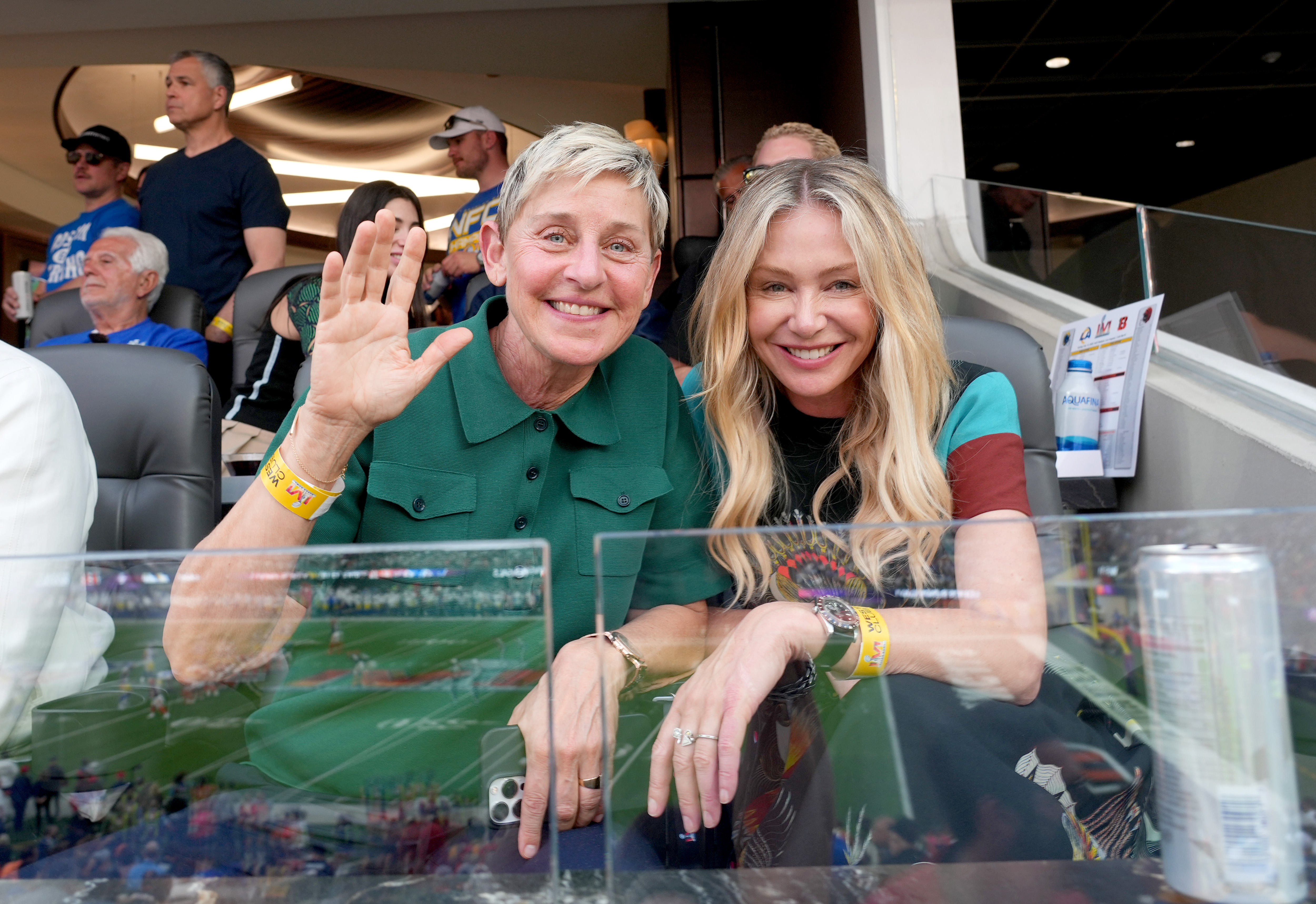 INGLEWOOD, CALIFORNIA - FEBRUARY 13: (L-R) Ellen DeGeneres and Portia de Rossi attend Super Bowl LVI at SoFi Stadium on February 13, 2022 in Inglewood, California. (Photo by Kevin Mazur/Getty Images for Roc Nation)