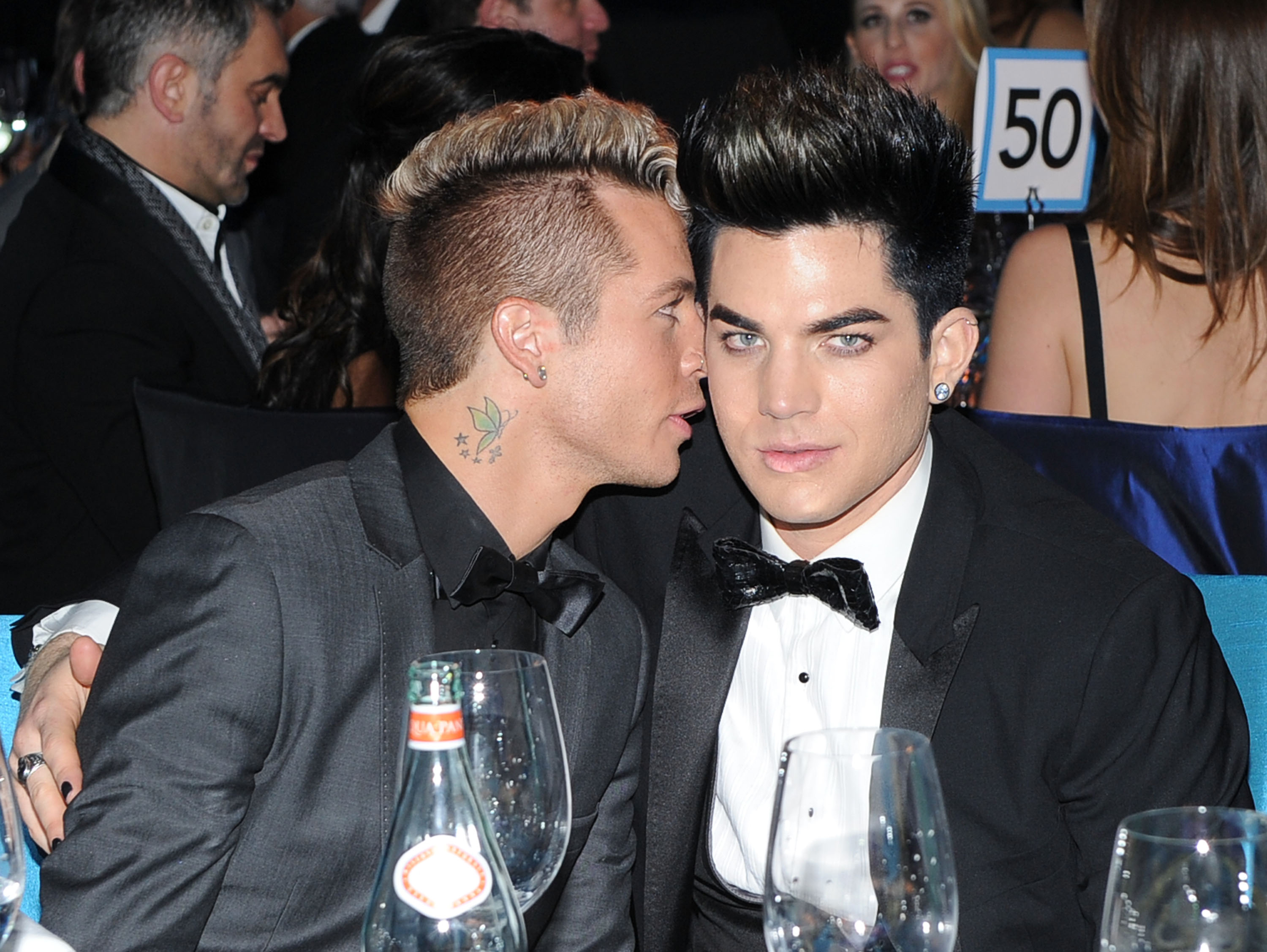BEVERLY HILLS, CA - FEBRUARY 26:  Sauli Koskinen(L) and singer Adam Lambert attend the 20th Annual Elton John AIDS Foundation Academy Awards Viewing Party at The City of West Hollywood Park on February 26, 2012 in Beverly Hills, California.  (Photo by Larry Busacca/Getty Images for EJAF)