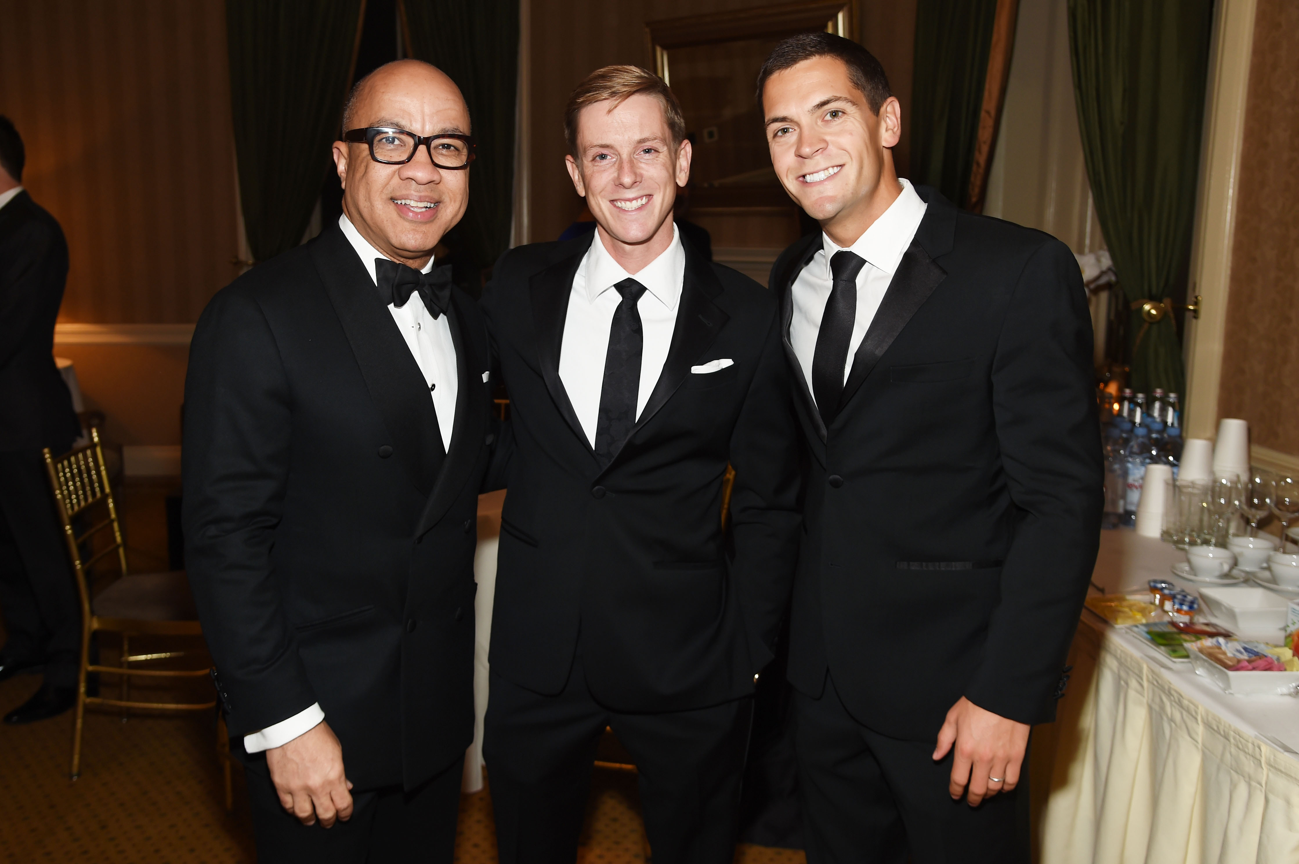NEW YORK, NY - NOVEMBER 02:  (EXCLUSIVE COVERAGE) (L-R)  President of the Ford Foundation Darren Walker, entrepreneur Chris Hughes, and political activist Sean Eldridge attend Elton John AIDS Foundation