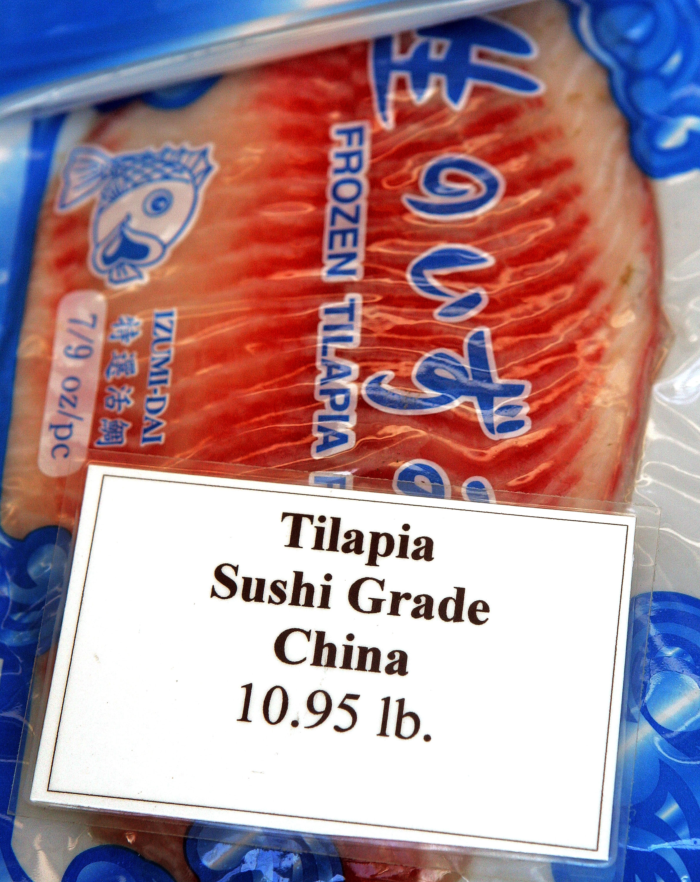 CHICAGO - MARCH 28:  Labeling identifying sushi-grade tilapia from China is seen at The Fishguy Market March 28, 2005 in Chicago, Illinois. Starting today, most seafood sellers in the US must provide shoppers with country-of-origin labels as well as whether the fish was caught in the wild or farm-raised.  (Photo by Tim Boyle/Getty Images)