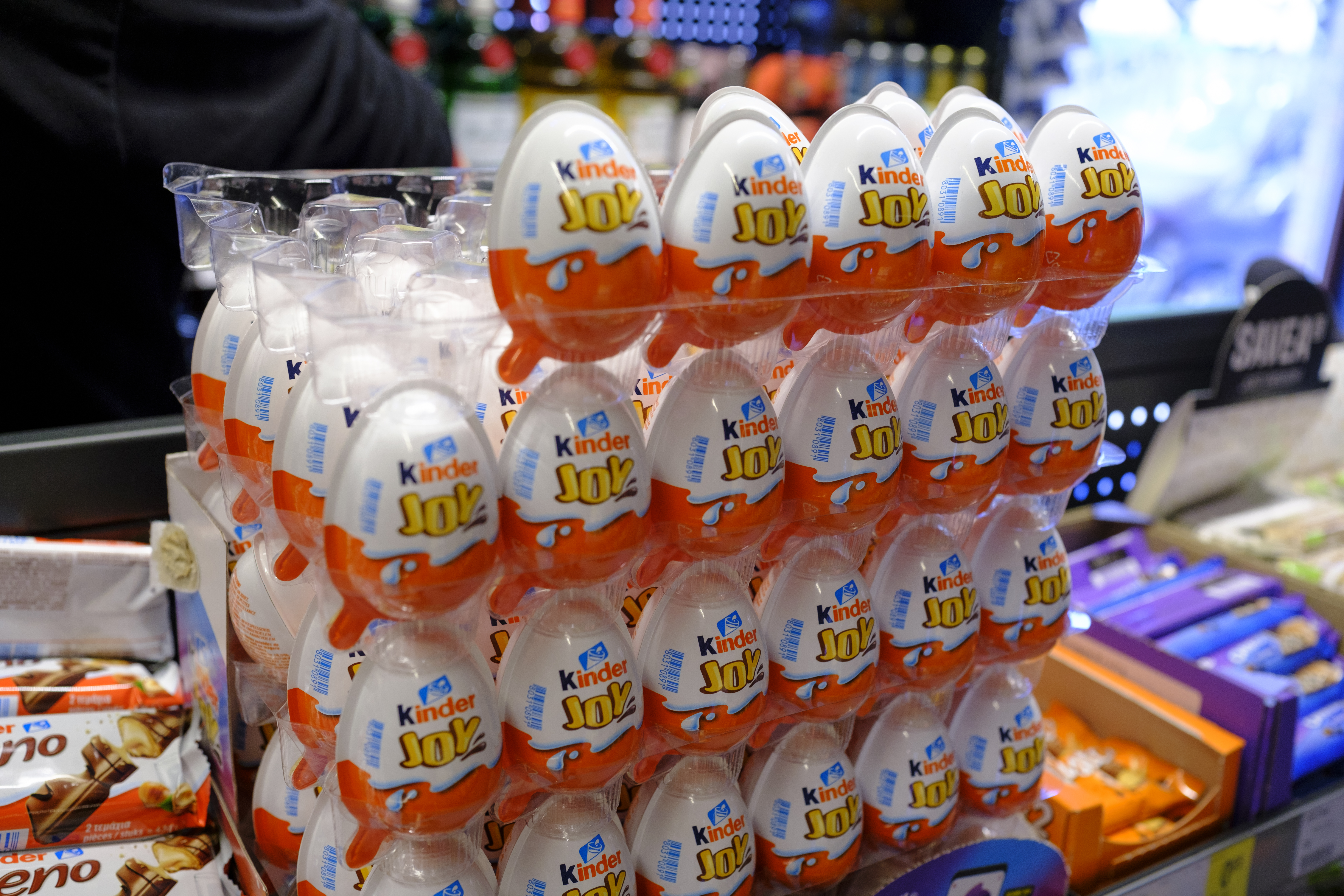 BRUSSELS, BELGIUM - APRIL 14: Safe Kinder Eggs (Lot LO64LW--054) are displayed in a supermarket on April 14, 2022 in Brussels, Belgium. As of April 8, 2022, 150 confirmed and probable cases of monophasic Salmonella Typhimurium have been reported in nine EU/EEA countries (Belgium, France, Germany, Ireland, Luxembourg, the Netherlands, Norway, Spain and Sweden) and the UK  with the first one occurring on 21 December 2021 in the UK. Infections have mainly occurred among children under 10 years old. European Food Safety Authority (EFSA) and the  European Centre for Disease Prevention and Control  (ECDC) experts say that further investigations are needed to identify the root cause, time and possible factors behind the contamination, including the evaluation of possible wider use of contaminated raw materials in other processing plants. (Photo by Thierry Monasse/Getty Images)