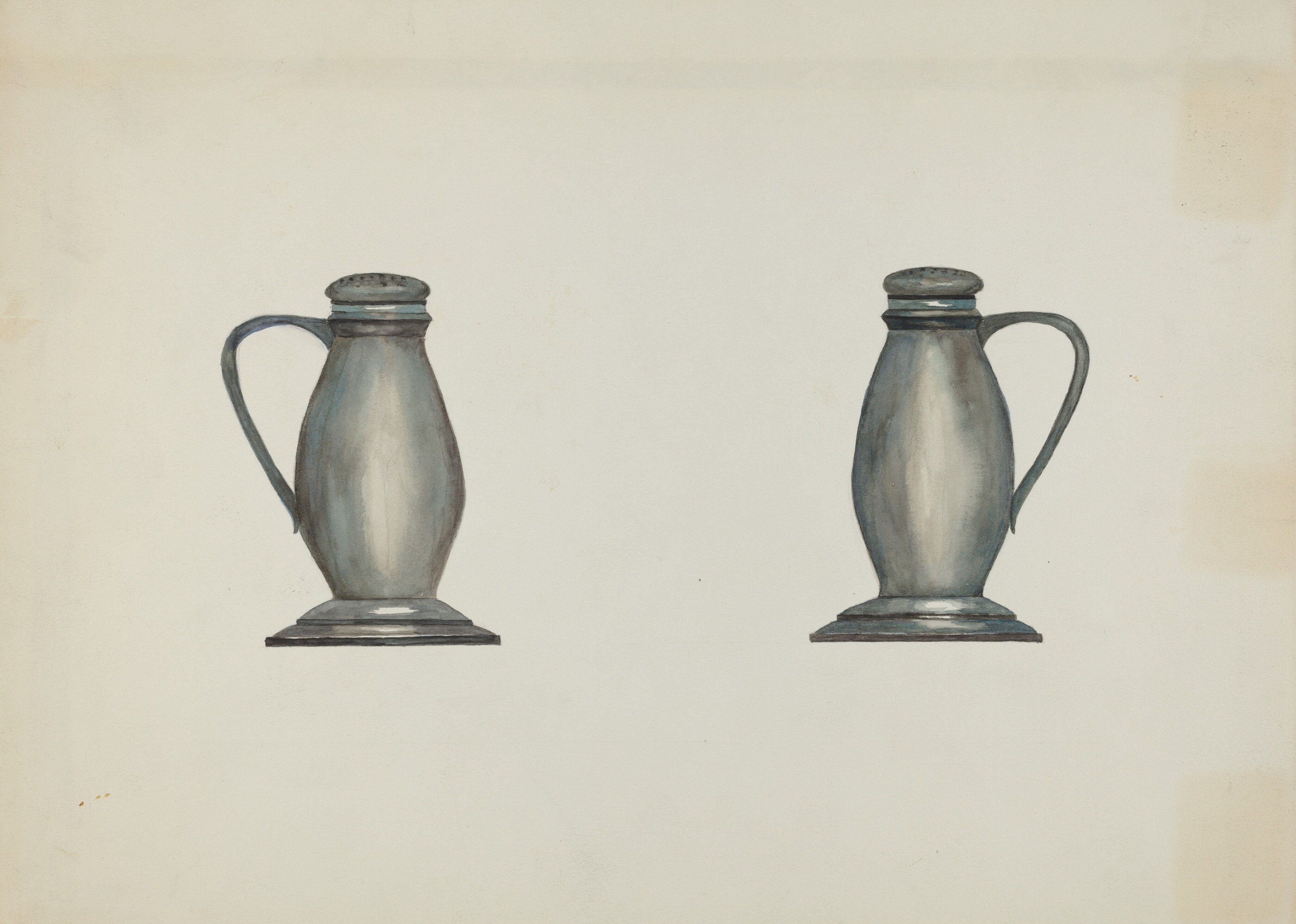 Pewter Salt and Pepper Shakers, circa 1937. Artist Beulah Bradleigh. (Photo by Heritage Art/Heritage Images via Getty Images)