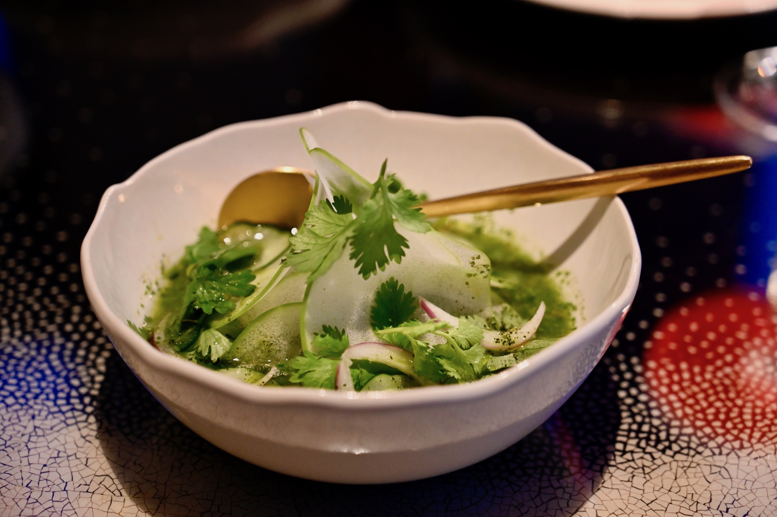 BANGKOK, THAILAND - JUNE 09: Aguachile made of tiger 
prawns, green tomato, coriander, chili and cucumber sauce
at the newly-opened Ojo Bangkok, a Mexican restaurant situated on the 76th floor of the Mahanakhon building on June 09, 2022 in Bangkok, Thailand. (Photo by Rubina A. Khan/Getty Images)