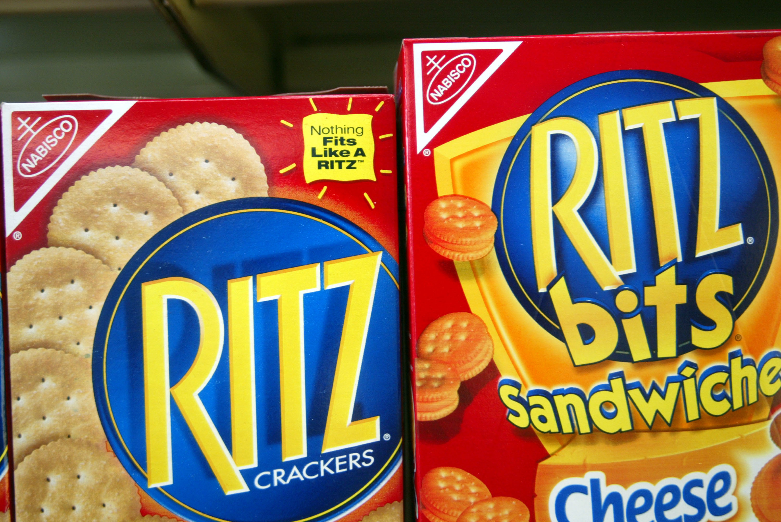 MIAMI - JULY 1:  Ritz crackers are displayed on a store shelf July 1, 2003 in Miami, Florida. Kraft Foods Inc., the nations largest food manufacturer and the maker of Nabisco cookies and crackers, plans to examine the nutrition of its products and take steps to fight obesity and promote health.  (Photo by Joe Raedle/Getty Images)