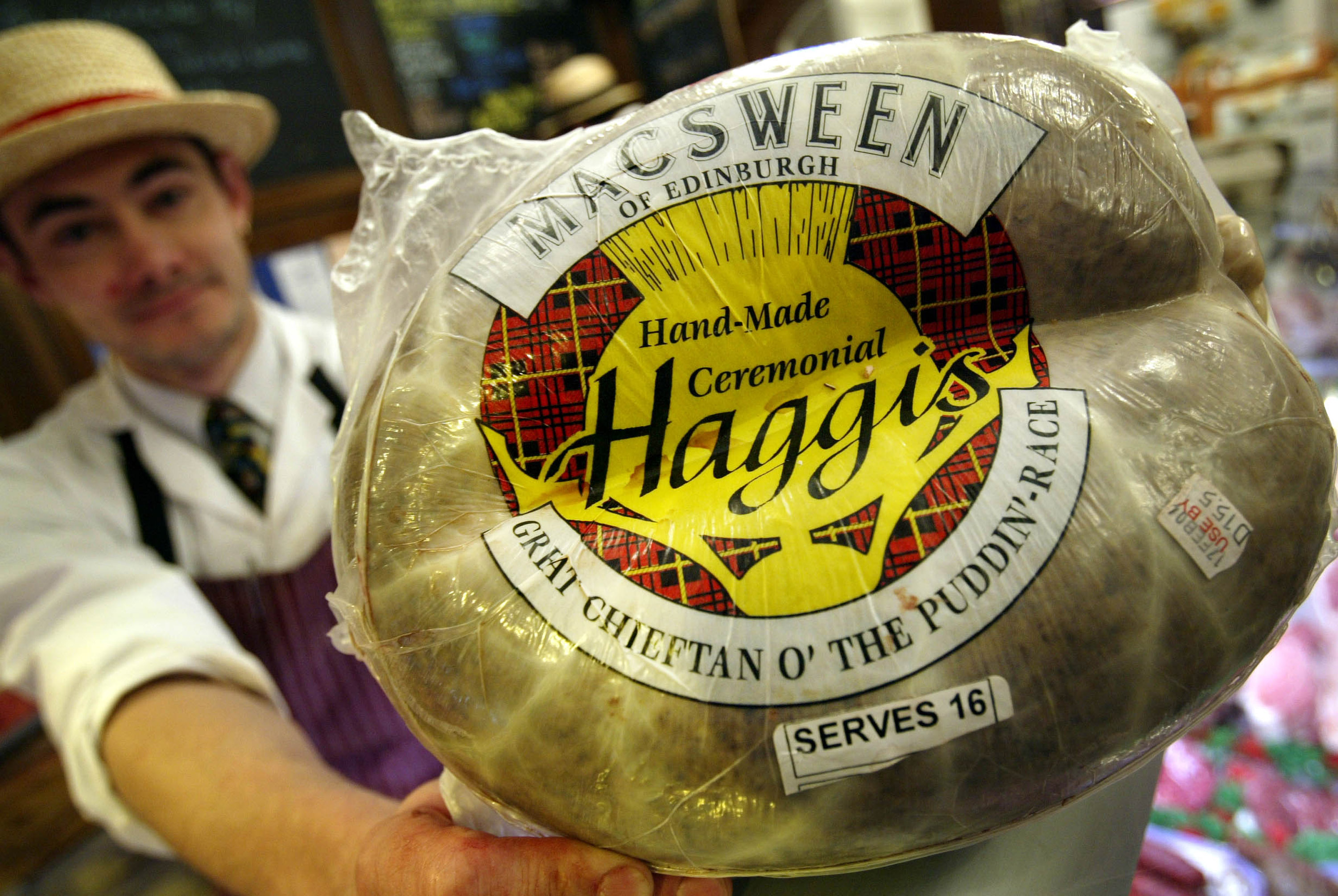 LONDON - JANUARY 24: Haggis is sold at a butcher shop to people who will celebrate Burns night over the weekend, January 24, 2004 in London, England.  Scots across the world annually celebrate the life of Robert Burns, the country