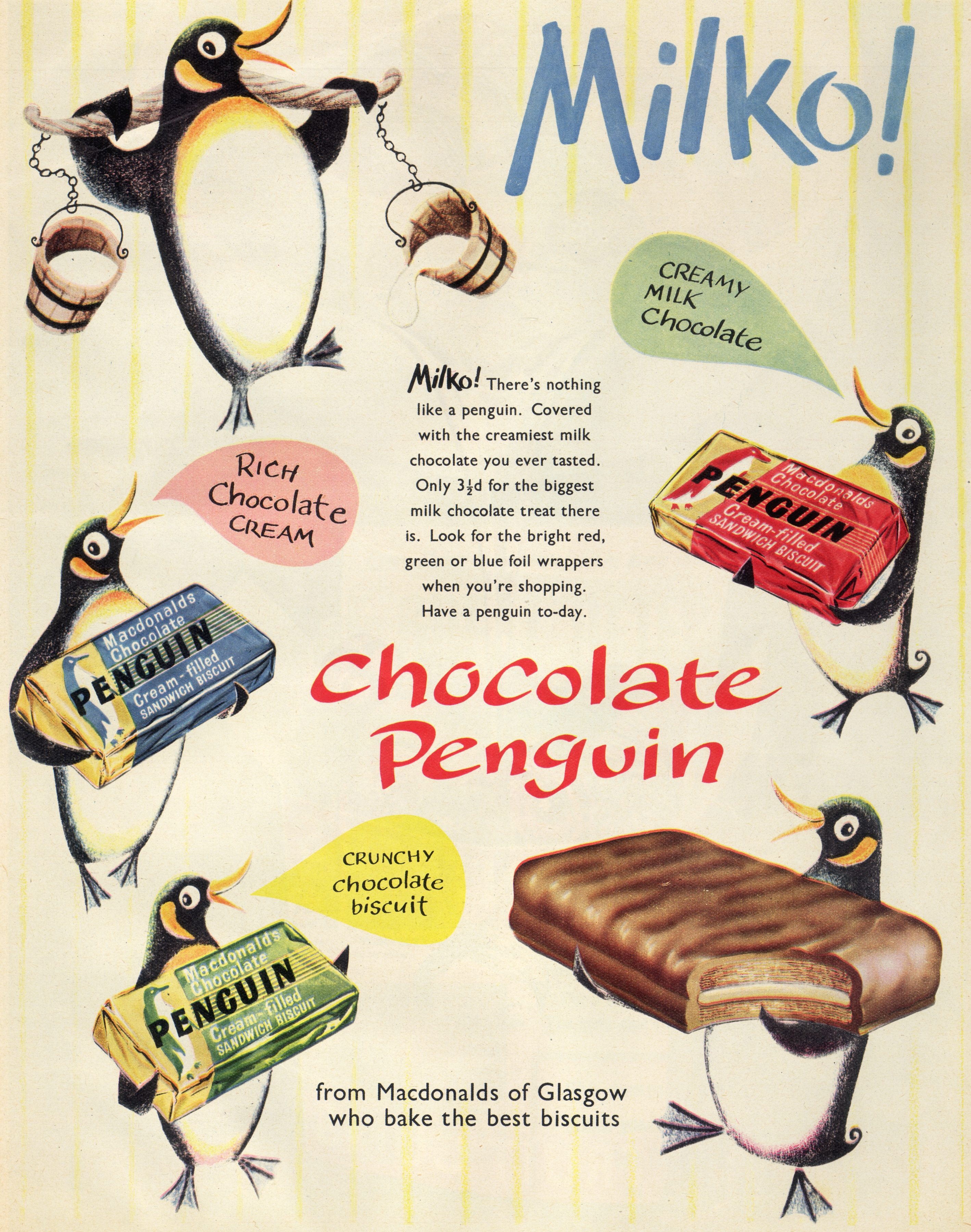 29th November 1952:  A group of penguins advertising crunchy biscuit and milk chocolate Penguin bars, which are baked by MacDonald