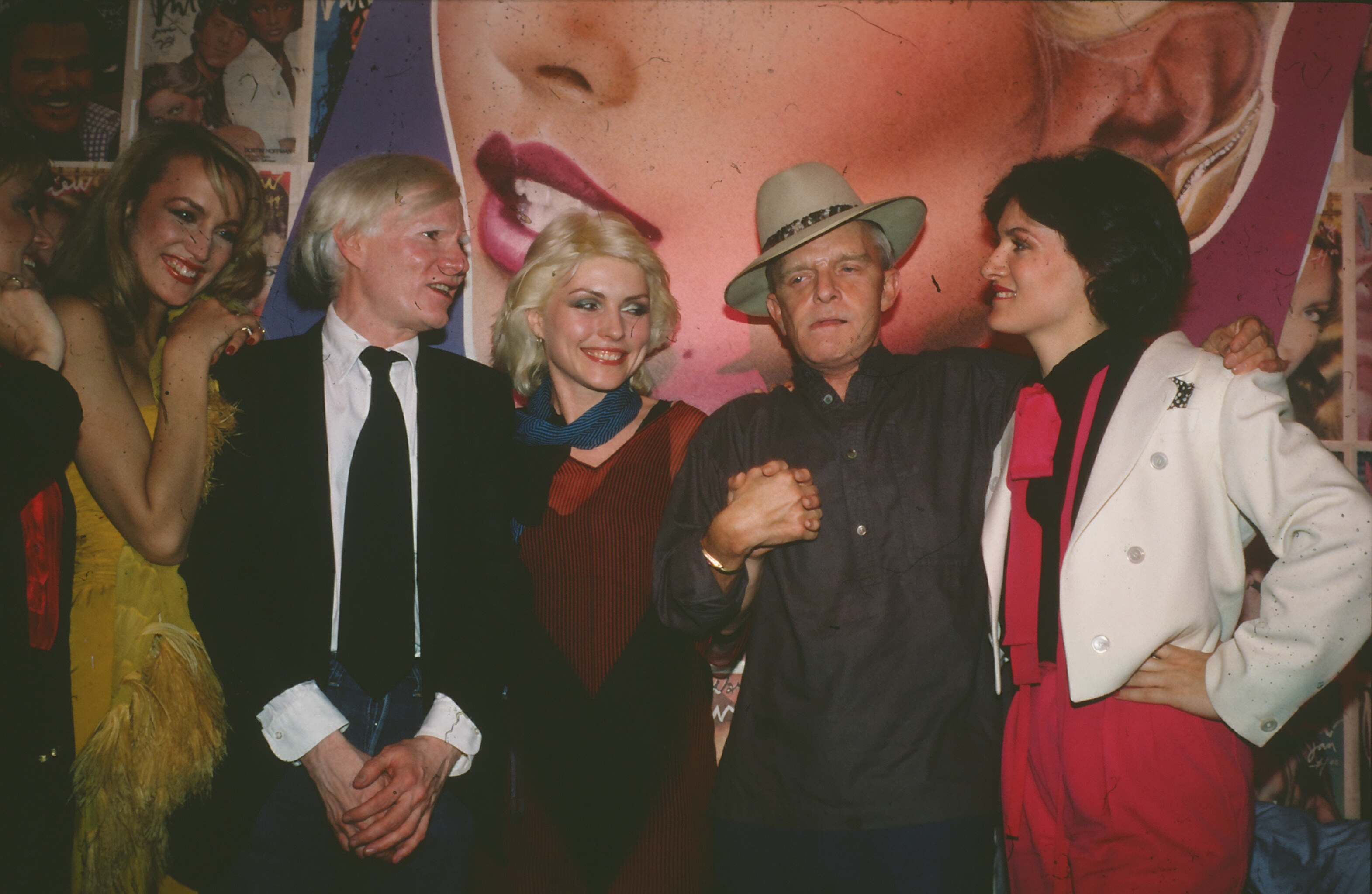 NEW YORK, NY - JUNE 1979:  Jerry Hall, Andy Warhol, Debbie Harry, Truman Capote, and Paloma Picasso at Interview party at Studio 54, June 1979 in New York City.  (Photo by Sonia Moskowitz/Getty Images)