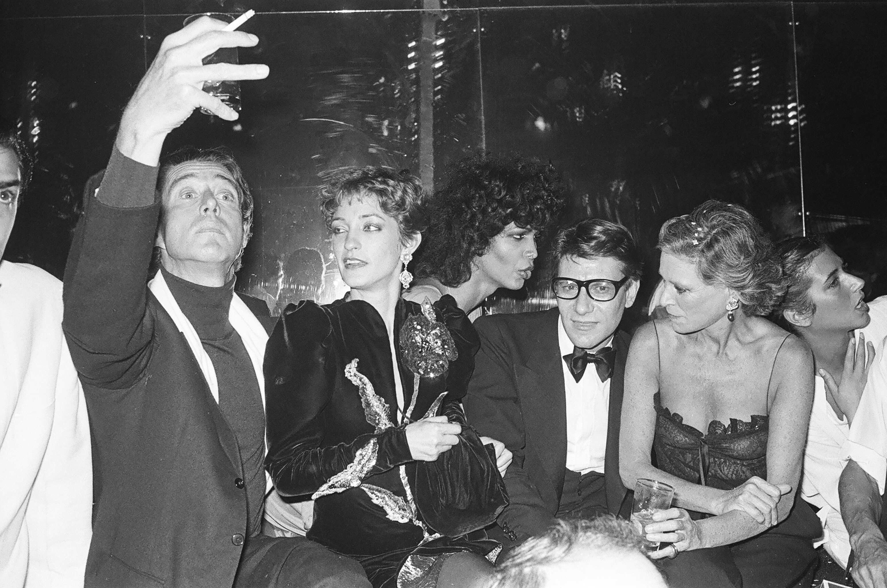 NEW YORK, NY - SEPTEMBER 20: Halston, Loulou de la Falaise, Potassa, Yves St Laurent, and Nan Kempner at the Opium party at Studio 54 on September 20, 1978 in New York City.  (Photo by Sonia Moskowitz/Getty Images)