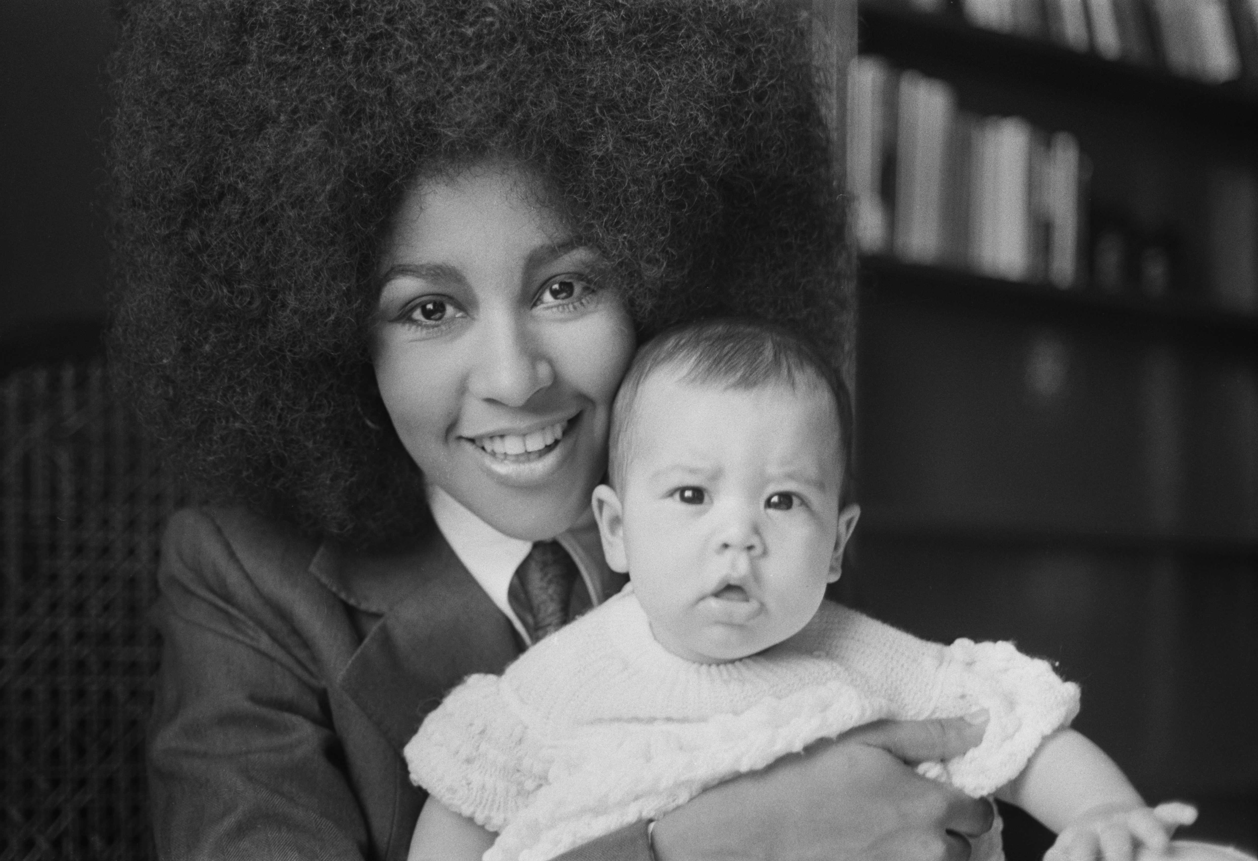 American singer and actress Marsha Hunt with her baby Karis, 23rd March 1971. Karis is the daughter of singer Mick Jagger.  (Photo by Jack Kay/Daily Express/Getty Images)