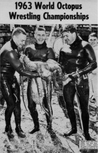Three divers holding the largest catch of the 1963 World Octopus Wrestling Championships, a 57-pound giant Pacific octopus. Fair use, 
