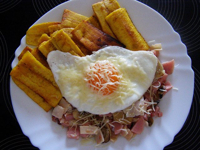 Maduros with eggs, ham, and cheese. Photo credit
