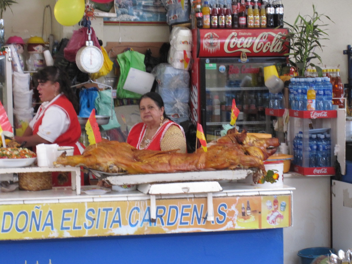 Hornado (roast pig, cooked whole) in a Cuenca market. Photo credit 
