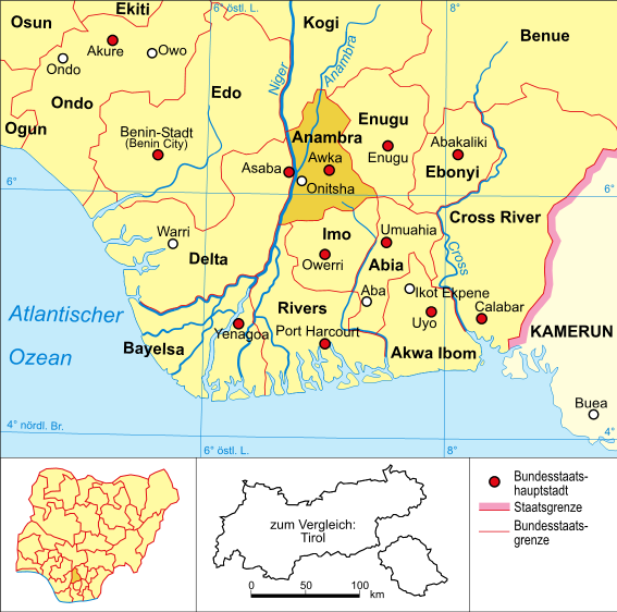 Onitsha on the map of Nigeria. Photo credit