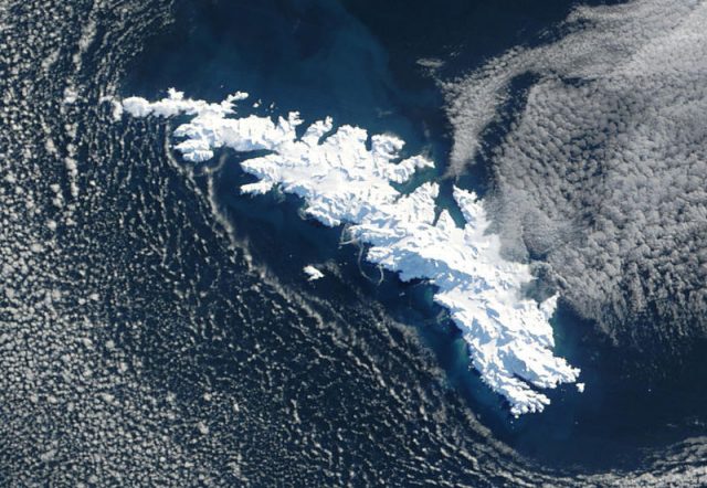 NASA satellite image of South Georgia Island covered with snow
