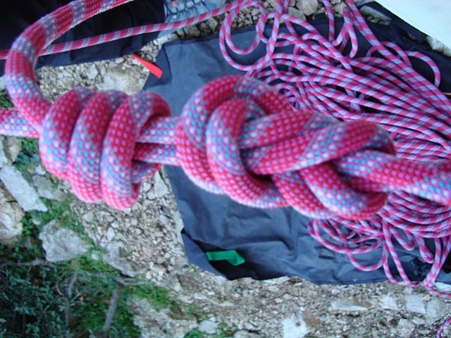 Rock climbing gear rope knots. Tied in