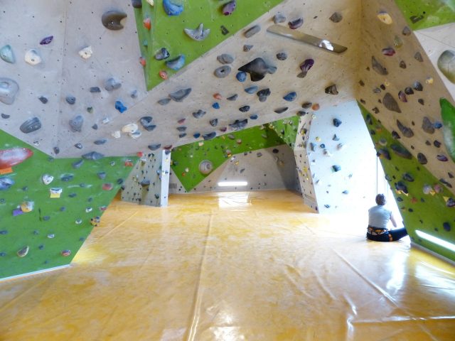 Inside a climbing gym
