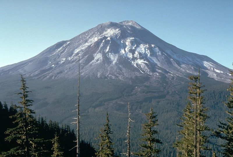 Mount St. Helens the day before the 1980 eruption, which removed much of the northern face of the mountain, leaving a large crater