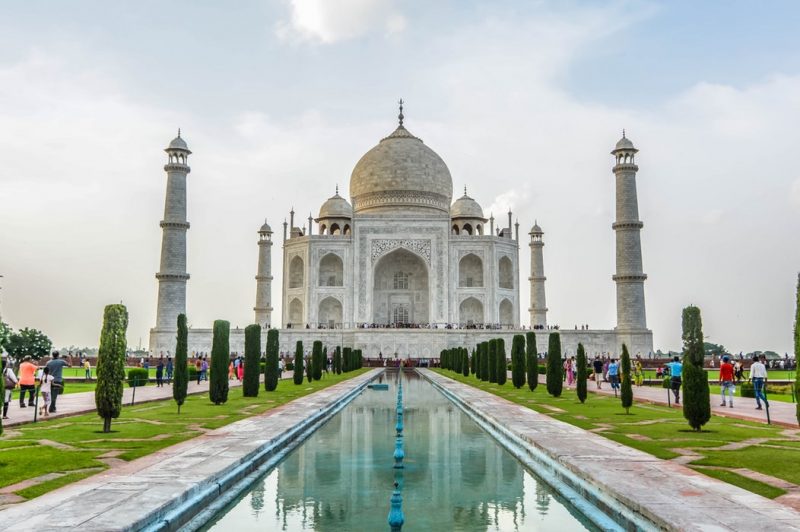 The Taj Mahal is a white marble mausoleum in Agra, India