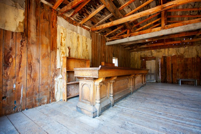 The interior of the bar in the ghost town of Bannack, Montana, which is now a state park shows what life would have been like.