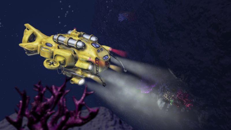 Deep sea research submarine rendering with deep ocean cliff scene
