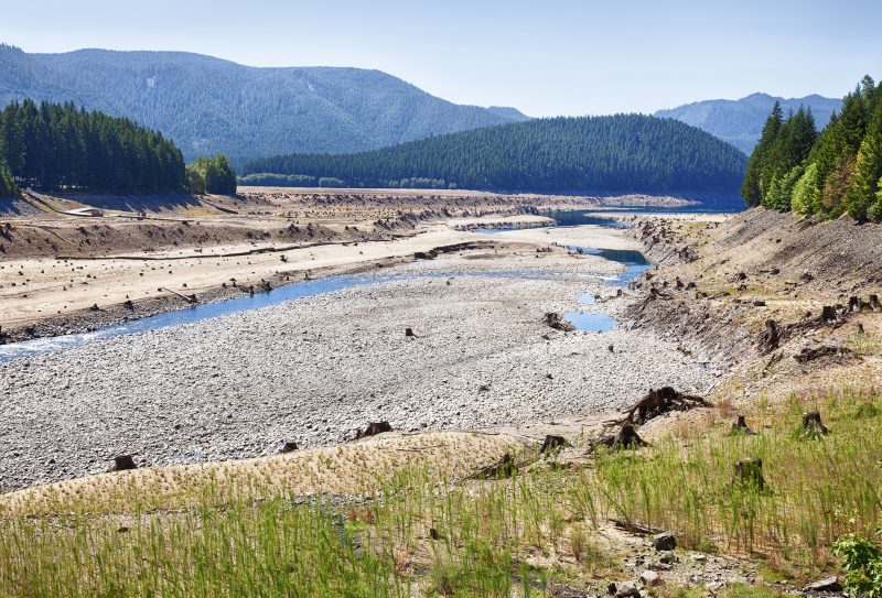 The dry lakebed of Detroit Lake behind the Detroit Dam in the Oregon Cascades is an indicator of the drought conditions in the American West in 2015.