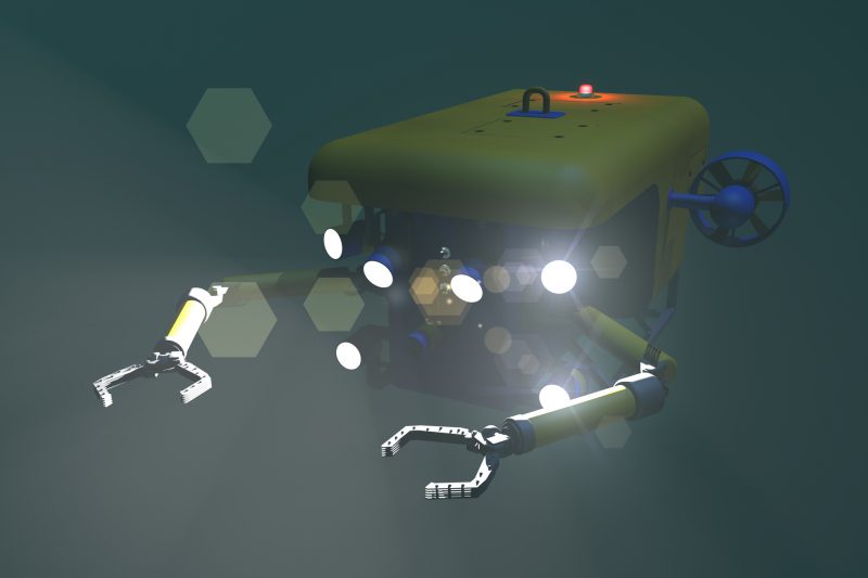 High quality 3D rendering of an ROV submersible approaching the camera