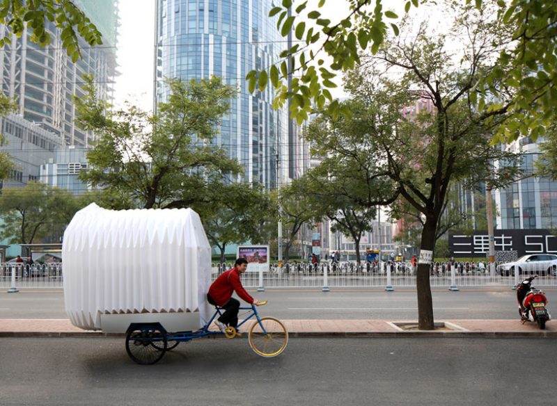 The ‘tricycle house’ is the result of an experiment using folded polypropoplene as a construction method