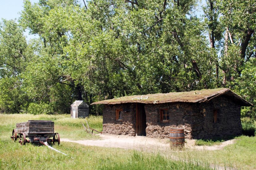 An actual sod house and on the prairie.