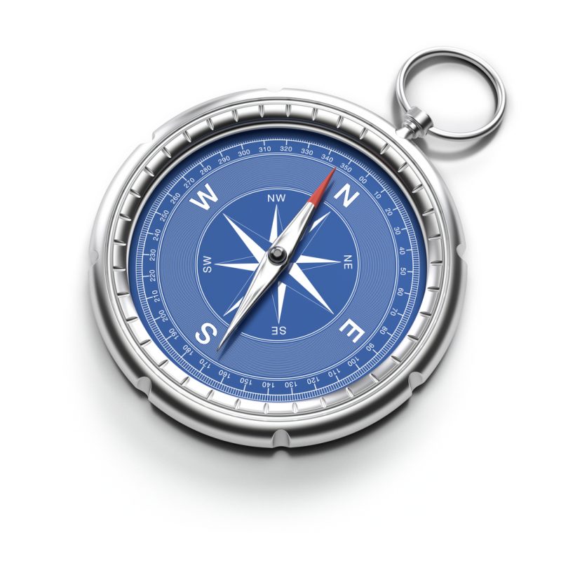 The first thing to note about a compass is that the red part of the direction needle always faces North.