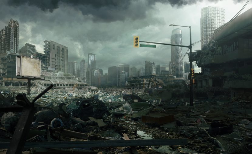 A cinematic cityscape depicting a destroyed city.