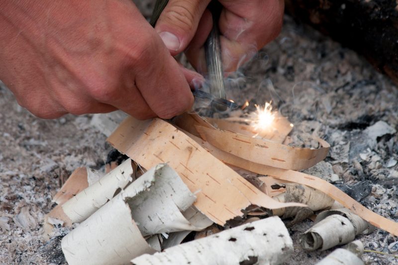 Lighting birch bark with a flint and steel