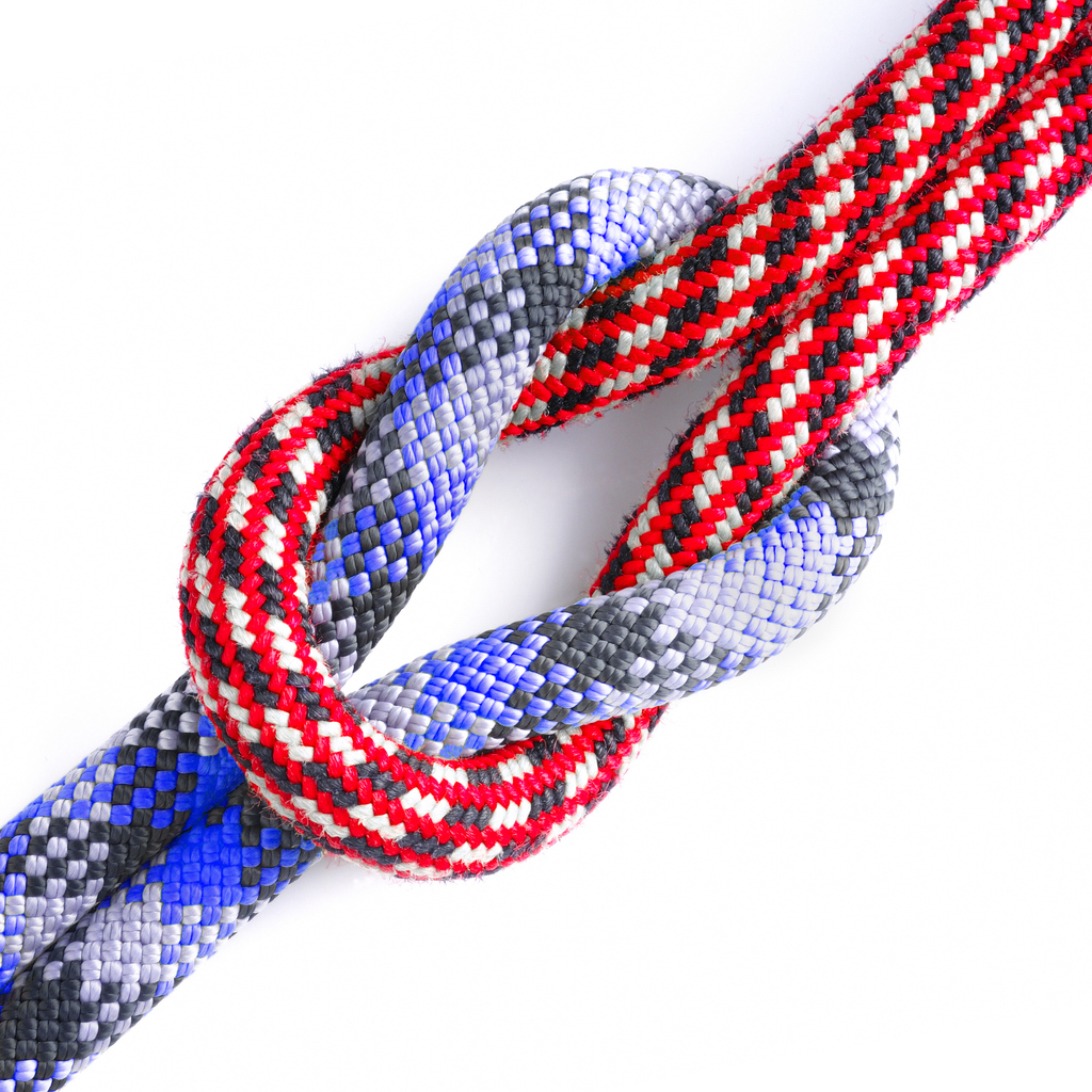 Red and blue climbing ropes connected in a reef knot or square knot.