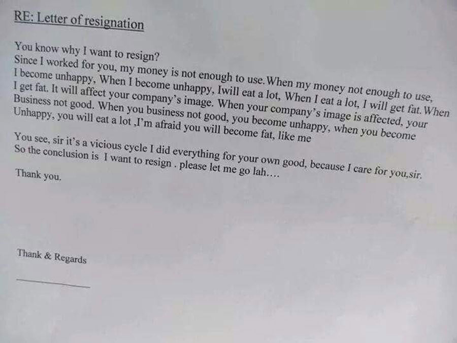 resignation letter explaining that employee will get too fat