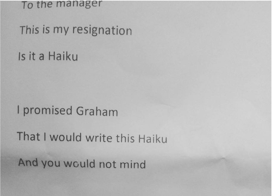 This Resignation letter is in the form of a haiku