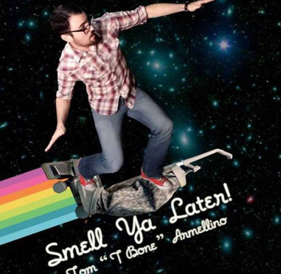 A funny photo of an ex-employee on a vacuum cleaner