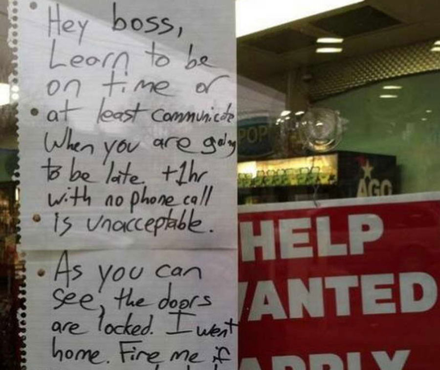 a resignation letter taped to a store window