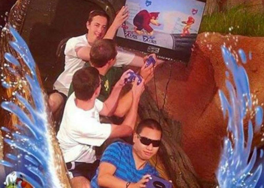 playing super smash bros on splash mountain