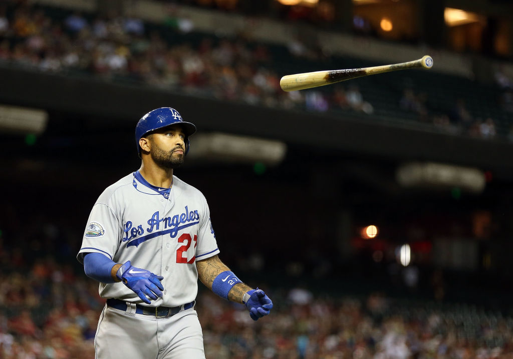 Matt Kemp #27 of the Los Angeles Dodgers flips his bat after a fly ball out during the MLB game against the Arizona Diamondbacks at Chase Field on September 12, 2012 in Phoenix, Arizona-151896032