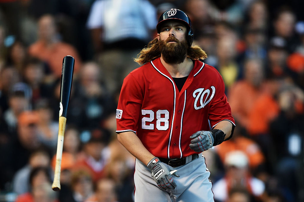 Jayson Werth #28 of the Washington Nationals tosses his bat after being walked in the first inning against the San Francisco Giants during Game Four of the National League Division Series at AT&T Park on October 7, 2014 in San Francisco, California-456815870