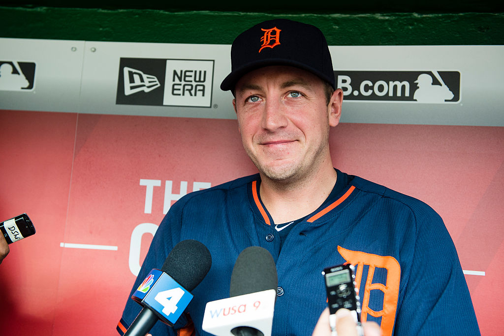 Jordan Zimmermann #27 of the Detroit Tigers speaks to members of the media prior to a MLB baseball game between Tigers and Washington Nationals at Nationals Park on May 9, 2016 in Washington, DC-531503230