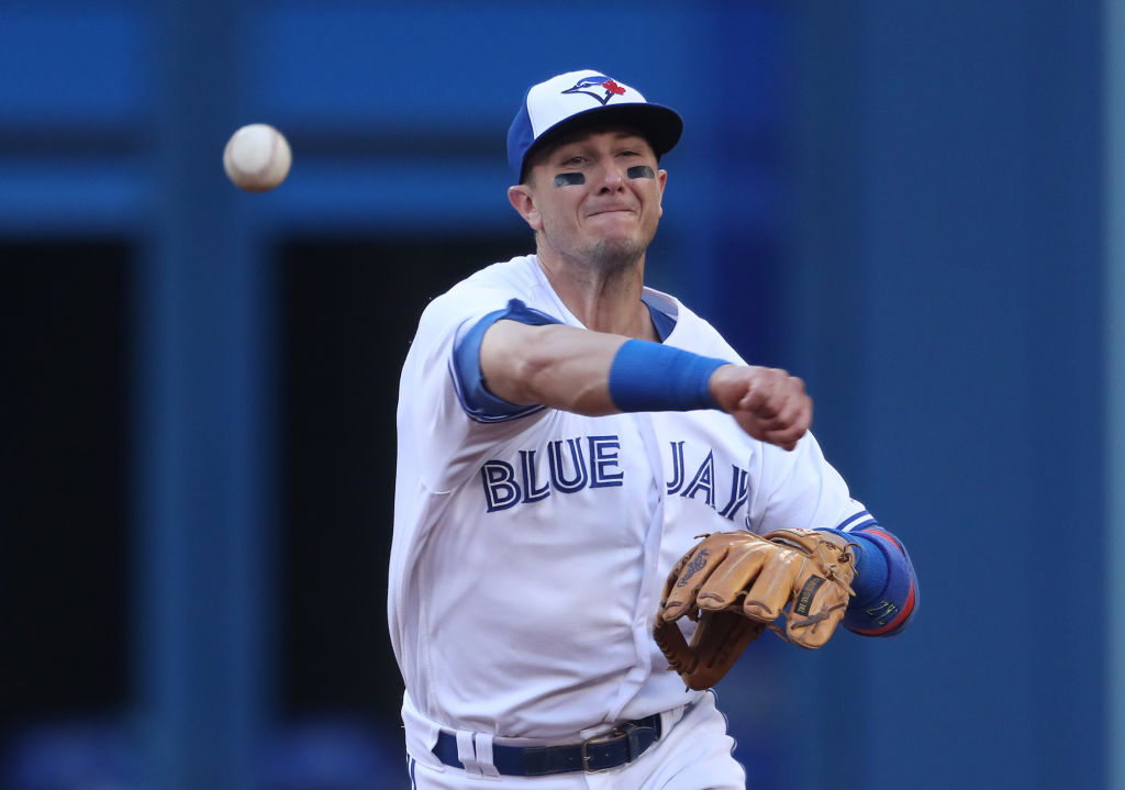 Troy Tulowitzki #2 of the Toronto Blue Jays throws out the baserunner in the third inning during MLB game action against the Baltimore Orioles at Rogers Centre on June 27, 2017 in Toronto, Canada-802229574